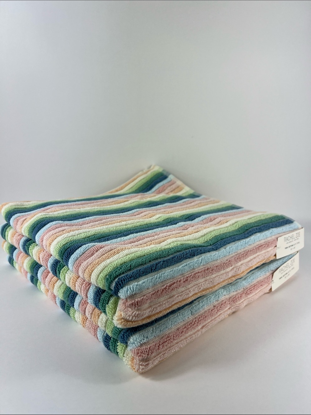 Rachel Zoe Striped Bath Towels Pastel Rainbow Pink Blue Yellow Cotton 2 Pc NEW